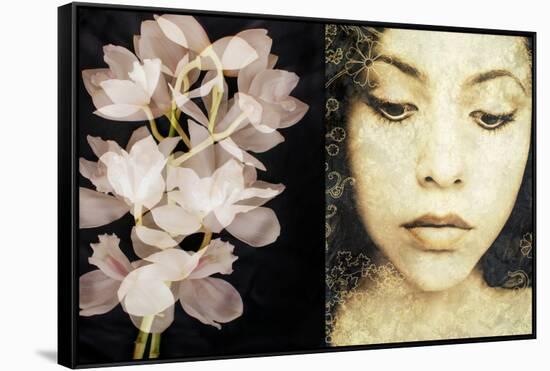 Tryptich of a Portrait of a Woman with Textures and Floral Ornaments with an Orchid-Alaya Gadeh-Framed Stretched Canvas