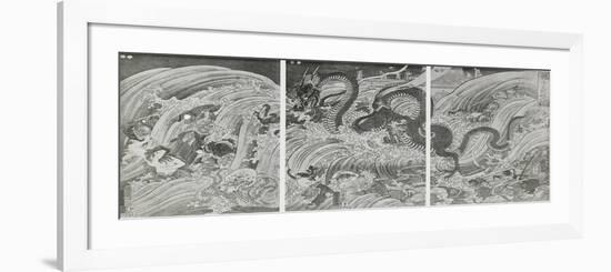 Tryptique. La pêcheuse de perles sacrées poursuivie par un grand dragon escorté de poissons-Kuniyoshi Utagawa-Framed Premium Giclee Print