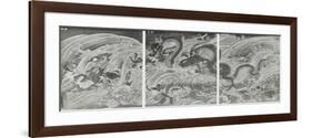 Tryptique. La pêcheuse de perles sacrées poursuivie par un grand dragon escorté de poissons-Kuniyoshi Utagawa-Framed Premium Giclee Print