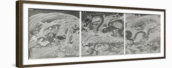 Tryptique. La pêcheuse de perles sacrées poursuivie par un grand dragon escorté de poissons-Kuniyoshi Utagawa-Framed Premium Giclee Print