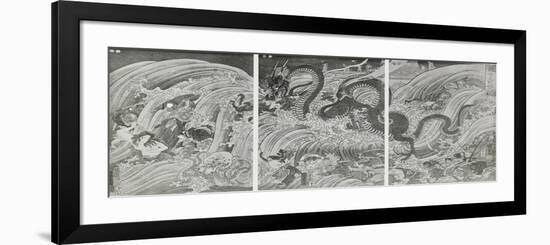 Tryptique. La pêcheuse de perles sacrées poursuivie par un grand dragon escorté de poissons-Kuniyoshi Utagawa-Framed Premium Giclee Print