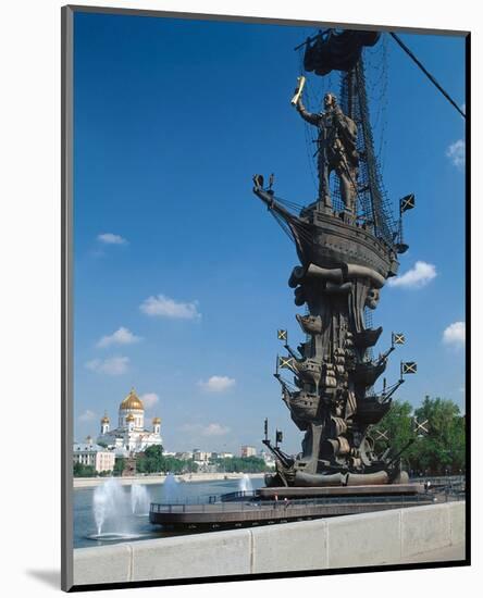 Tsar Peter the Great Monument and Cathedral of Christ the Saviour, Moscow, Russia-null-Mounted Art Print
