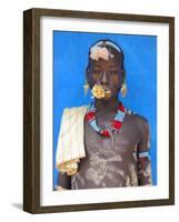 Tsemay Man with Flower in Mouth at Weekly Market, Key Afir, Lower Omo Valley, Ethiopia, Africa-Jane Sweeney-Framed Photographic Print