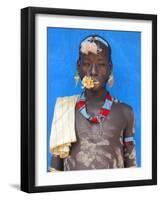 Tsemay Man with Flower in Mouth at Weekly Market, Key Afir, Lower Omo Valley, Ethiopia, Africa-Jane Sweeney-Framed Photographic Print