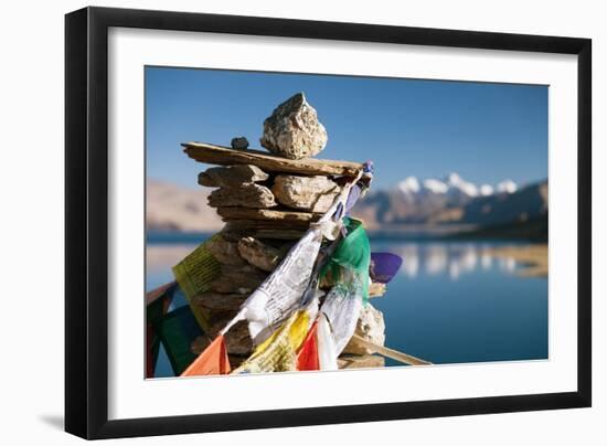 Tso Moriri Lake with Prayer Flags-Daniel Prudek-Framed Photographic Print