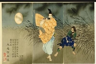 Triptych of 'Fujiwara No Yasumasa Playing the Flute by Moonlight', 1883