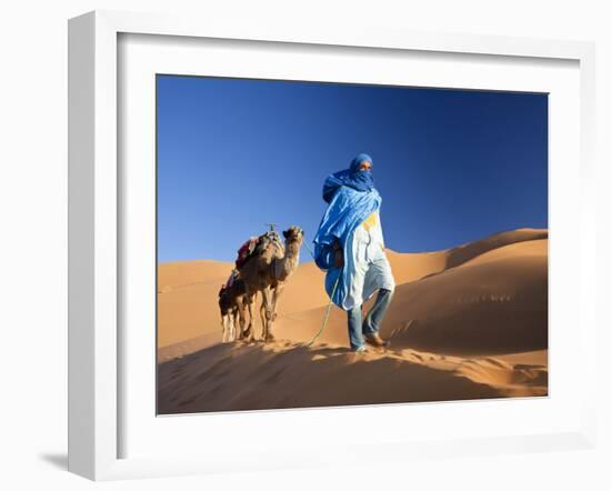 Tuareg Man Leading Camel Train, Erg Chebbi, Sahara Desert, Morocco-Peter Adams-Framed Photographic Print