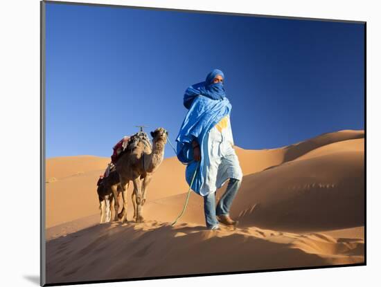 Tuareg Man Leading Camel Train, Erg Chebbi, Sahara Desert, Morocco-Peter Adams-Mounted Photographic Print