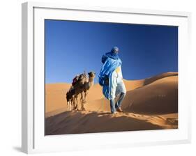 Tuareg Man Leading Camel Train, Erg Chebbi, Sahara Desert, Morocco-Peter Adams-Framed Photographic Print