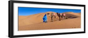 Tuareg Man Leading Camel Train in Desert, Erg Chebbi Dunes, Sahara Desert, Morocco-null-Framed Photographic Print