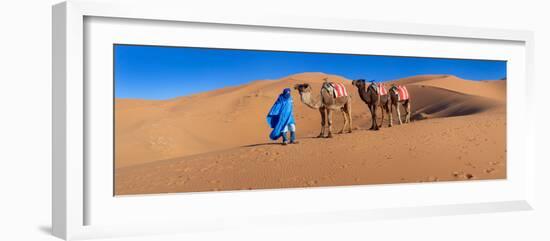 Tuareg Man Leading Camel Train in Desert, Erg Chebbi Dunes, Sahara Desert, Morocco-null-Framed Photographic Print