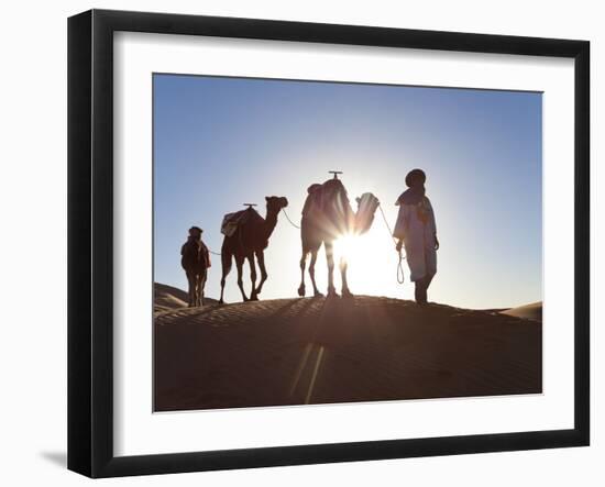 Tuareg Man with Camel Train, Erg Chebbi, Sahara Desert, Morocco-Peter Adams-Framed Photographic Print