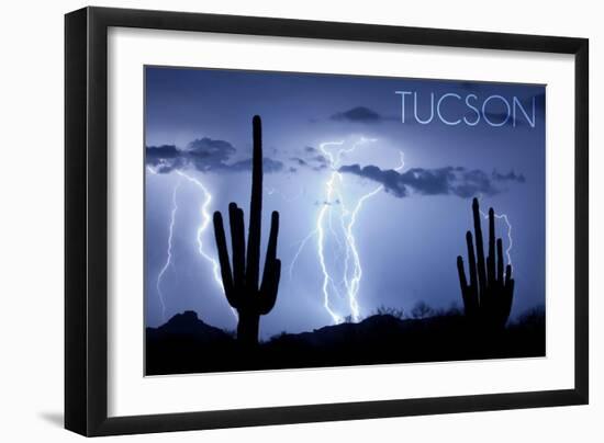 Tucson, Arizona - Blue Sky and Lightning-Lantern Press-Framed Art Print