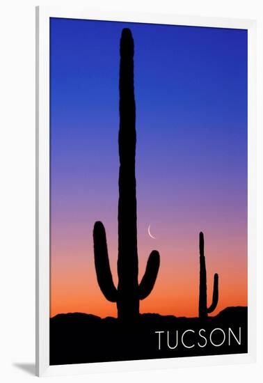 Tucson, Arizona - Cactus and Moon-Lantern Press-Framed Art Print