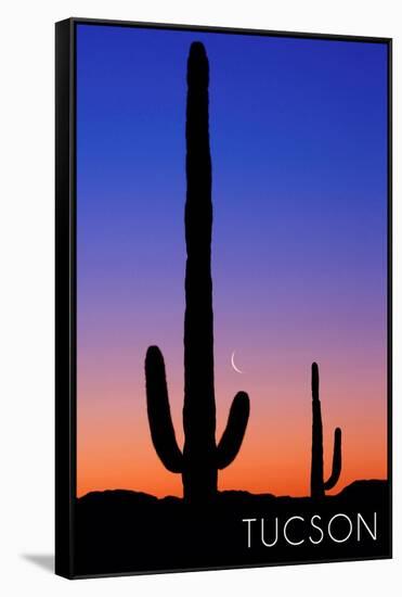 Tucson, Arizona - Cactus and Moon-Lantern Press-Framed Stretched Canvas