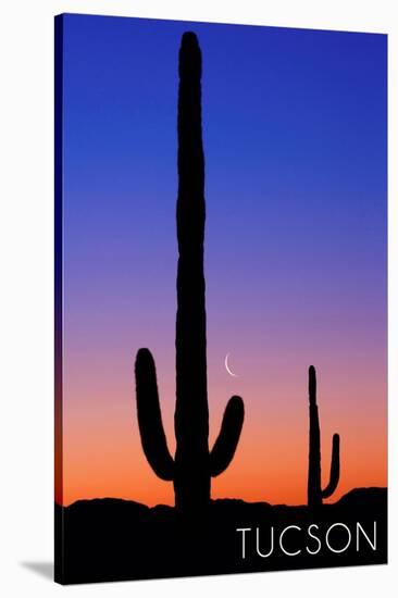 Tucson, Arizona - Cactus and Moon-Lantern Press-Stretched Canvas