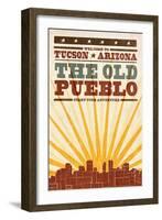 Tucson, Arizona - Skyline and Sunburst Screenprint Style-Lantern Press-Framed Art Print