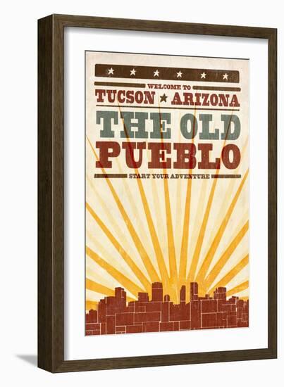 Tucson, Arizona - Skyline and Sunburst Screenprint Style-Lantern Press-Framed Art Print