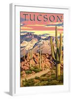 Tucson, Arizona Sunset Desert Scene-Lantern Press-Framed Art Print