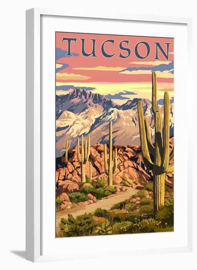 Tucson, Arizona Sunset Desert Scene-Lantern Press-Framed Art Print