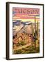 Tucson, Arizona Sunset Desert Scene-Lantern Press-Framed Art Print