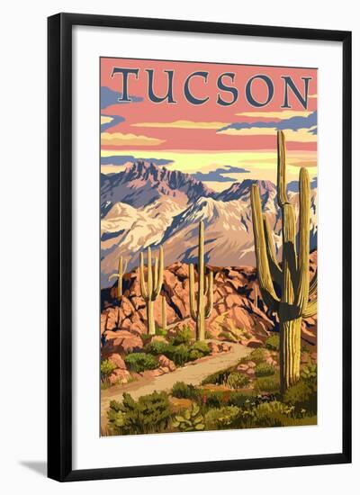 Tucson, Arizona Sunset Desert Scene-Lantern Press-Framed Art Print