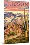 Tucson, Arizona Sunset Desert Scene-Lantern Press-Mounted Art Print