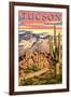 Tucson, Arizona Sunset Desert Scene-Lantern Press-Framed Art Print