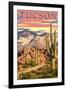 Tucson, Arizona Sunset Desert Scene-Lantern Press-Framed Art Print