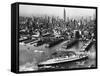 Tugboats Aid Ocean SS Queen Mary While Docking at 51st Street Pier with NYC Skyline in Background-null-Framed Stretched Canvas