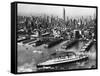 Tugboats Aid Ocean SS Queen Mary While Docking at 51st Street Pier with NYC Skyline in Background-null-Framed Stretched Canvas