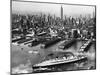 Tugboats Aid Ocean SS Queen Mary While Docking at 51st Street Pier with NYC Skyline in Background-null-Mounted Premium Photographic Print