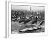 Tugboats Aid Ocean SS Queen Mary While Docking at 51st Street Pier with NYC Skyline in Background-null-Framed Photographic Print