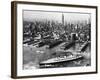 Tugboats Aid Ocean SS Queen Mary While Docking at 51st Street Pier with NYC Skyline in Background-null-Framed Photographic Print