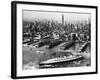 Tugboats Aid Ocean SS Queen Mary While Docking at 51st Street Pier with NYC Skyline in Background-null-Framed Photographic Print