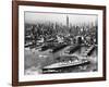 Tugboats Aid Ocean SS Queen Mary While Docking at 51st Street Pier with NYC Skyline in Background-null-Framed Photographic Print