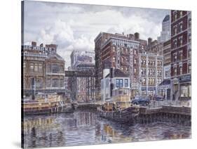 Tugboats And Tenements-Stanton Manolakas-Stretched Canvas