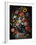 Tulips, a sunflower, an iris and numerous other flowers in a glass vase on marble column base-Jan Davidsz. de Heem-Framed Giclee Print