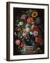 Tulips, a sunflower, an iris and numerous other flowers in a glass vase on marble column base-Jan Davidsz. de Heem-Framed Giclee Print