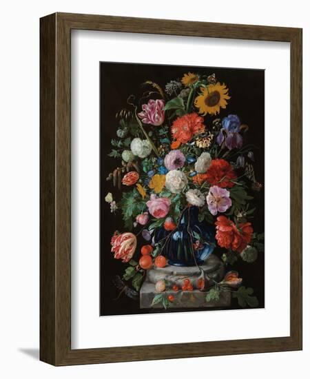 Tulips, a sunflower, an iris and numerous other flowers in a glass vase on marble column base-Jan Davidsz. de Heem-Framed Giclee Print