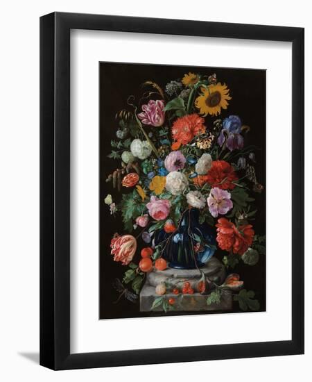 Tulips, a sunflower, an iris and numerous other flowers in a glass vase on marble column base-Jan Davidsz. de Heem-Framed Giclee Print