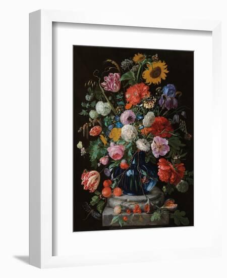 Tulips, a sunflower, an iris and numerous other flowers in a glass vase on marble column base-Jan Davidsz. de Heem-Framed Giclee Print