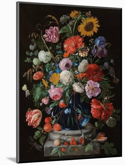 Tulips, a sunflower, an iris and numerous other flowers in a glass vase on marble column base-Jan Davidsz. de Heem-Mounted Giclee Print