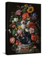 Tulips, a sunflower, an iris and numerous other flowers in a glass vase on marble column base-Jan Davidsz. de Heem-Stretched Canvas