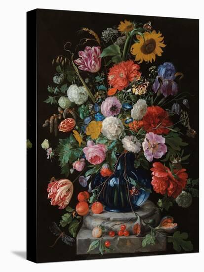 Tulips, a sunflower, an iris and numerous other flowers in a glass vase on marble column base-Jan Davidsz. de Heem-Stretched Canvas