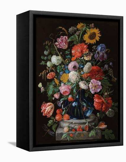 Tulips, a sunflower, an iris and numerous other flowers in a glass vase on marble column base-Jan Davidsz. de Heem-Framed Stretched Canvas