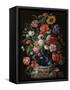 Tulips, a sunflower, an iris and numerous other flowers in a glass vase on marble column base-Jan Davidsz. de Heem-Framed Stretched Canvas