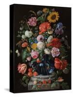 Tulips, a sunflower, an iris and numerous other flowers in a glass vase on marble column base-Jan Davidsz. de Heem-Stretched Canvas