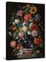 Tulips, a sunflower, an iris and numerous other flowers in a glass vase on marble column base-Jan Davidsz. de Heem-Stretched Canvas