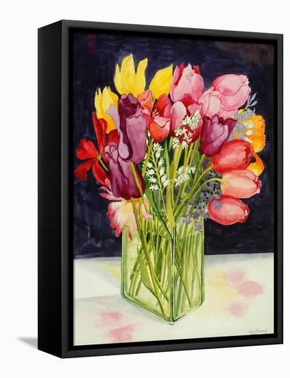 Tulips and Bluebells in a Rectangular Glass Tub, 2001-Joan Thewsey-Framed Stretched Canvas